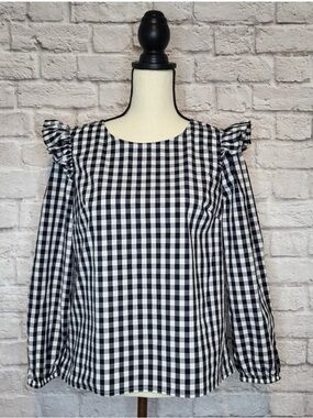 J Crew Top Blue White Plaid Long Sleeve Ruffle Shoulder Keyhole Back* Size L